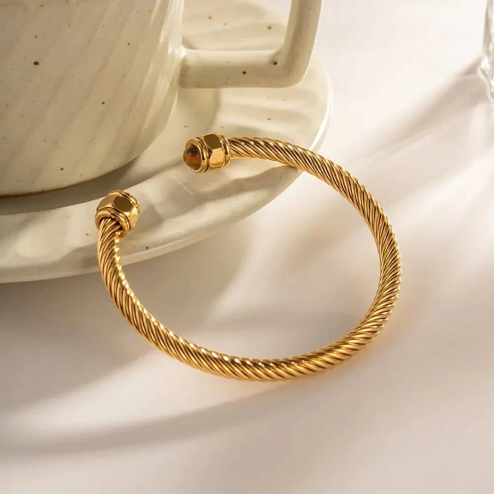 Twisted Gem Stone Ends Bangle Bracelet