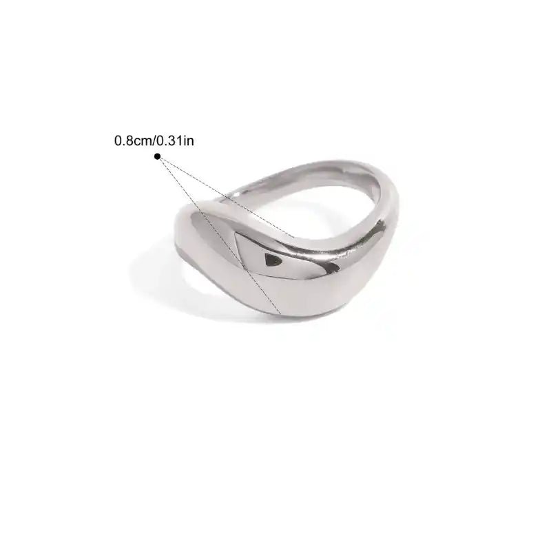 Silver ring with measurement details on a white background