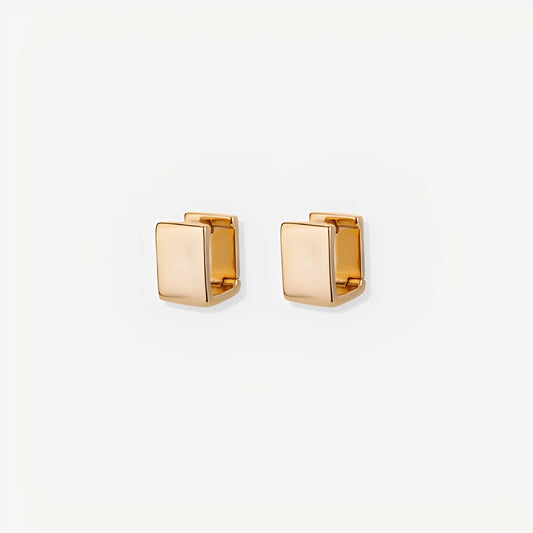 Gold square stud earrings on a white background