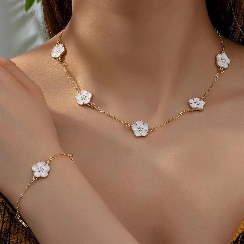 White Accented Clover Necklace and Bracelet Set