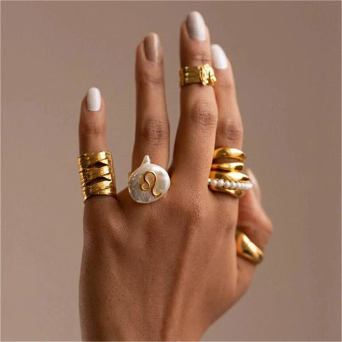 Zodiac Sign Large Pearl Statement Ring